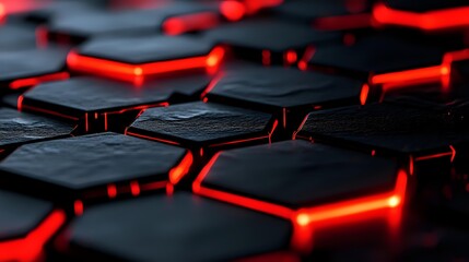Fototapeta premium Dark hexagonal tiles with glowing red light between them create dramatic technological pattern, suitable for gaming or cyberpunk themed backgrounds.