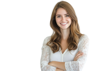 Portrait of young smiling woman looking at camera with crossed arms. Happy girl standing in creative office. Successful businesswoman standing in white background