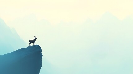 Ibex on Cliff Edge Overlooking Misty Mountains