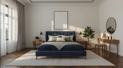 Modern Minimalist Bedroom Interior: Serene Blue Upholstered Bed, Wooden Accents, and Natural Light