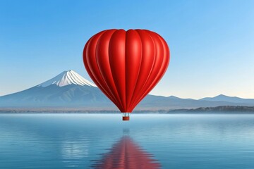Vibrant red hot air balloon floats over serene lake with snow capped mountain