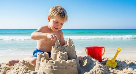 Young boy building an elaborate sandcastle on a sunny beach, with ocean waves in the background