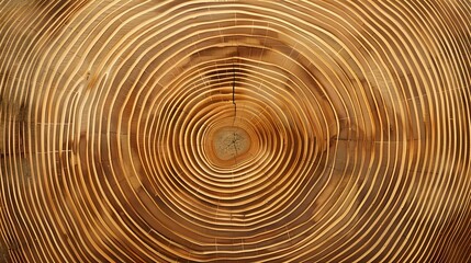 Fototapeta premium Detailed macro view of tree rings showing annual growth circles in natural brown wood texture. Cross section reveals concentric pattern and grain structure.