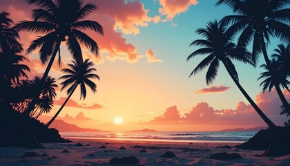 Palm Tree Silhouettes on Tropical Beach at Sunset — Modern Vintage Color Tones, Retro Summer Vibes, Coastal Paradise Mood, Serene Landscape, and Timeless Aesthetic

