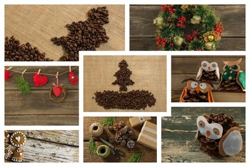 Christmas owls in cone pine and decoration