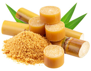  Powdered Jaggery with Sugarcane Stick Rounds and Leaf Accent &ndash; Transparent Background PNG