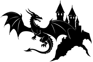 Fototapeta premium Black Silhouette Dragon Flying Near a Dark Castle on a Mountaintop vector