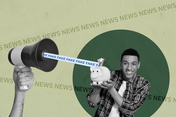 Zine full artwork pop collage of happy puzzled guy listen fake news propaganda fishing spam problem...