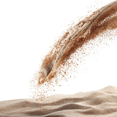 A cascade of sand falling onto a dune, creating a dynamic and textured landscape, isolated on transparent background