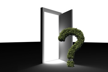 Naklejka premium Question mark and door on black floor