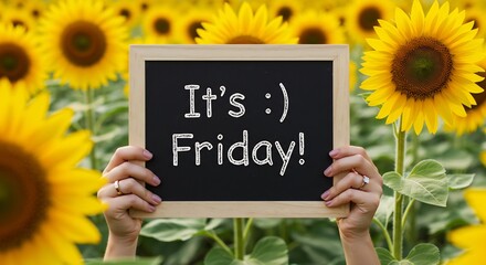 Woman's Hands Holding a Chalkboard Sign with "It's Friday!" in a Sunflower Field