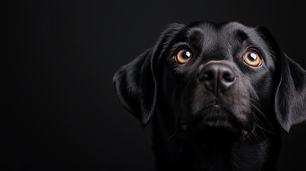 Close up portrait of a black labrador dog with wide expressive eyes against a dark background
