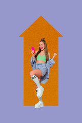 Image art pop 3d zine collage of happy businessman businesswoman stand arrow development career...
