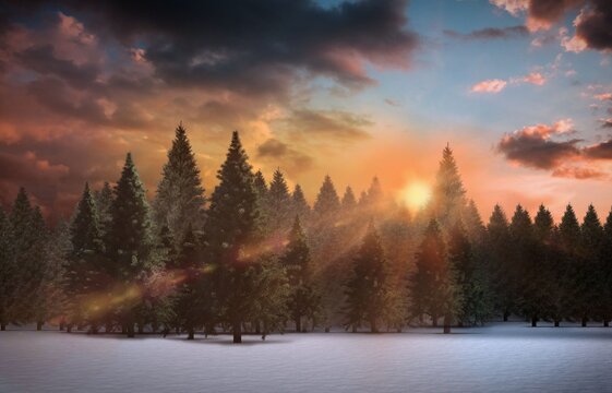 Fototapeta Fir tree forest in snowy landscape