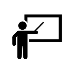 A flat vector icon of a teacher standing in front of a chalkboard, pointing or explaining — representing the learning process, instruction, and teaching.