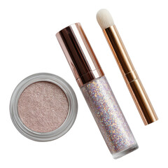Sparkling Makeup Products on White Background with Brush