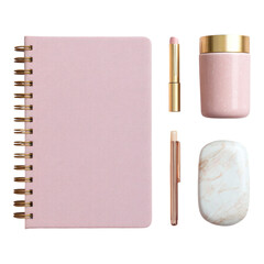 Stylish Desk Setup with Pink Notebook and Elegant Writing Tools