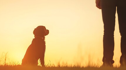 Naklejka premium Silhouette of a dog sitting attentively next to a person at sunset