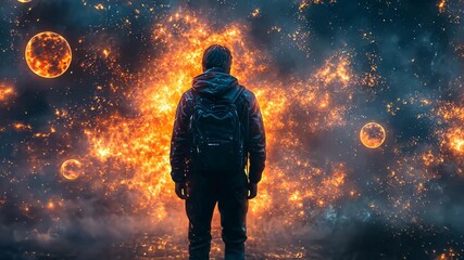 Astral Traveler: A lone figure contemplates a breathtaking cosmic vista filled with planets