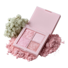 Delicate Pink Makeup Palette with Floral Accents on White Background