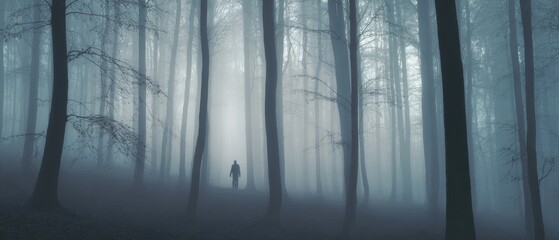 The mysterious figure standing in a foggy forest landscape.