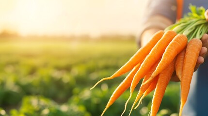 Farmer holds freshly harvested carrots in a field at sunset