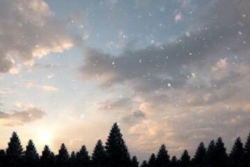 Snow falling on fir tree forest
