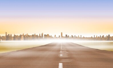 Flat vector design is showing straight asphalt road stretching toward misty skyline over calm water