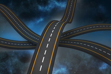 Naklejka premium Surreal intertwined asphalt roads twisting in cosmic space, featuring yellow and white dashed lines