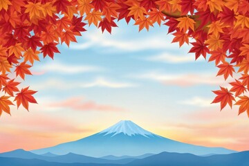 Vibrant autumn maple leaves frame a majestic snow capped mountain