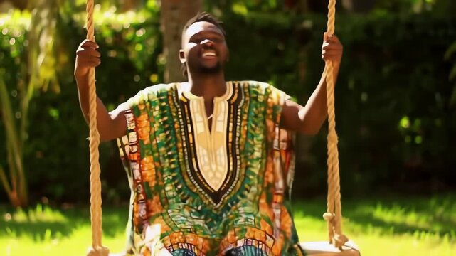 A joyful young African man wearing a colorful traditional dashiki shirt smiles while on a swing outdoors