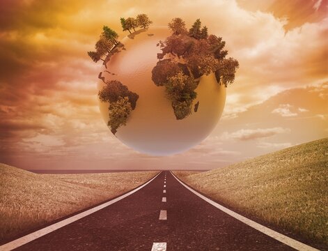 Fototapeta Digitally generated earth floating over street