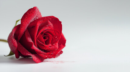 Fototapeta premium Single red rose with dewdrops on petals lies on smooth white surface, creating striking contrast and evoking sense of romance and elegance