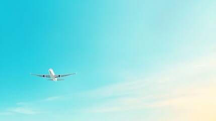 Airplane ascending into a vast bright blue sky with wispy clouds