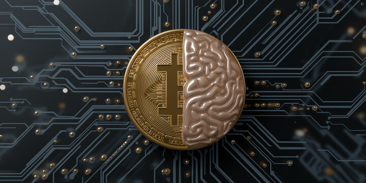 Digital representation of cryptocurrency coin with brain design on circuit board background symbolizes intersection of technology and finance