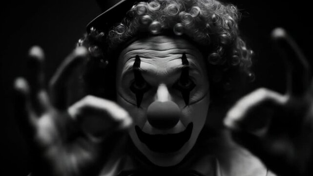 Sad mime in black and white, depicts a sorrowful clown in silence. Suitable for theater posters, emotional articles, and storytelling visuals.