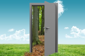 Naklejka premium Open door on grassy landscape with trees