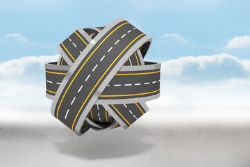Surreal 3D render is showing knot of asphalt highways with yellow stripes floating above grey plane