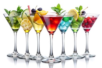 A row of colorful and refreshing cocktails garnished with fruit and mint