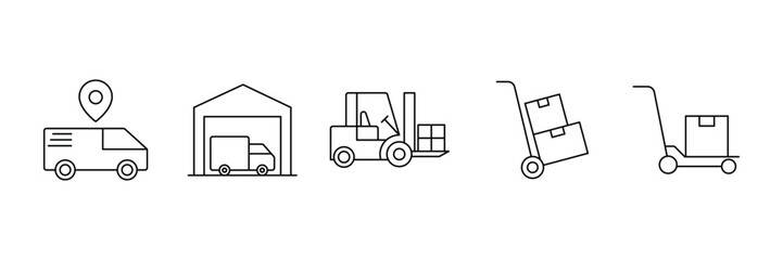 Commercial delivery transport cargo warehouse forklift trolley shipping logistic storage distribution vehicle icon vector illustration set.