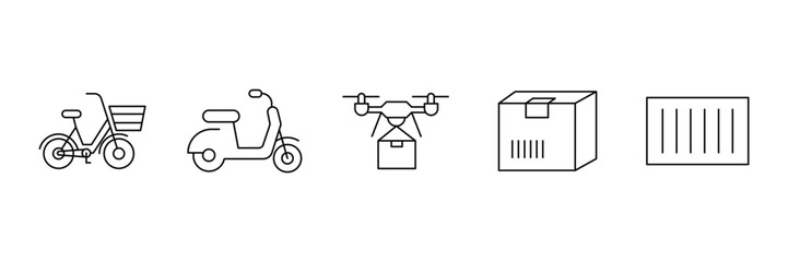 Drone bicycle scooter parcel container delivery goods shipment courier transport mobility icon vector illustration outline modern concept design.