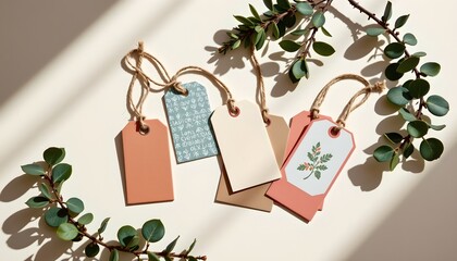 the image is a flat lay position featuring a collection of gift tags and sprigs of greenery against a neutral background, the tags are the primary subject