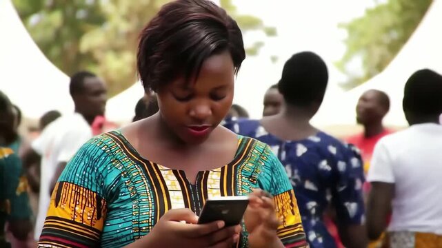 Young African woman in colorful traditional dress using a smartphone at an outdoor festival