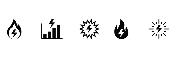 Electricity power flame burst growth energy spark bar chart icon vector illustration set for voltage heat performance efficiency concept.