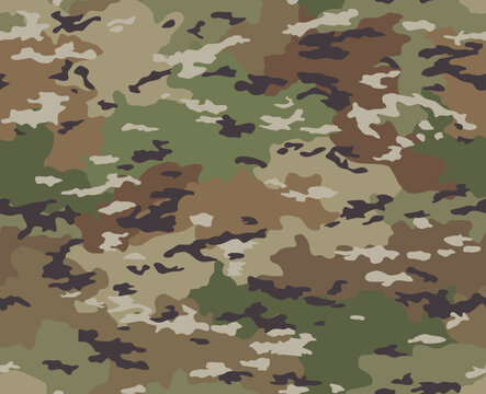 Military camouflage seamless pattern. Tactical army texture incorporating organic shapes and natural earth tones for universal outdoor terrain blending.