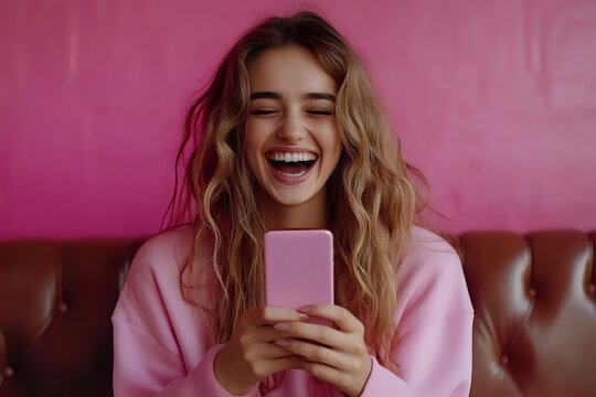 Young Caucasian woman with wavy blonde hair laughing while holding smartphone, wearing pink sweater against pink background. Genuine joyful emotion captured in casual setting.