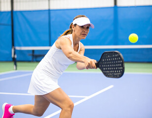 Focused Female Pickleball Player in Action on Blue Court