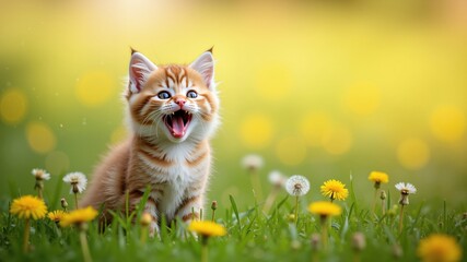 Obraz premium A small fluffy funny kitten enjoys on a spring summer meadow among dandelion flowers. Postcard banner spring time 