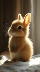 Fototapeta premium Adorable golden bunny rabbit with backlit fur creating magical glow effect, sitting upright on soft fabric. Sweet expression and perked ears capture innocent charm.