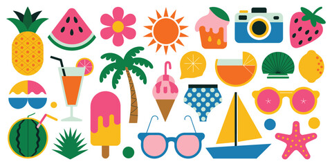 Summer Icons Vector Collection with Beach Elements Including Boat, Surfboard, Watermelon, Lemon, Seashell, Camera, and Palm Tree for Vacation and Holiday Designs

